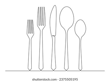 Horquillas, cucharas y un dibujo continuo de una línea con cuchillo. Aislado en ilustración vectorial de fondo blanco. Vector premium. 