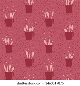 Forks, spoons and knives in a cup, hand drawn dots in the background. Seamless pattern. Easy to edit colors in Illustrator (eps 10 vector).
