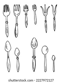 Forks and spoons. Set of cutlery and kitchen utensils for food and preparation. Outline hand drawn sketch. Drawing with ink. Isolated on white background. Vector.