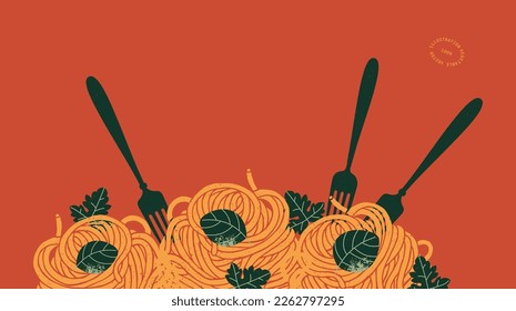 Forks tasting spaghetti with basil. Food textured horizontal composition. Vector illustration