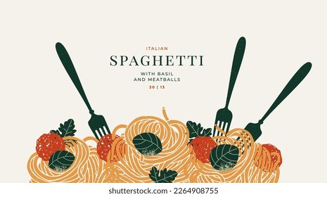 Forks tasting spaghetti with basil and meatballs. Food textured horizontal composition. Vector illustration. - Shutterstock ID 2264908755