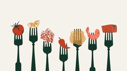 Forks With Various Food. Tomatoes With Lemon And Shrimp With Pepper And Salmon. Horizontal Food Design Template.