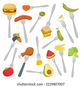 Forks with vegetables and fast food flat icons set. Tasty organic meal on forks. Balanced nutrition. Avocado, tomato, watermelon. Cheeseburger, sushi, french fries. Color isolated illustrations