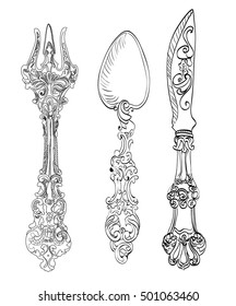 fork,spoon,knife,vintage,white background