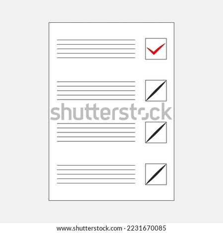 Form or ballot for voting or testing with lines and empty squares. Four filled cells for selection. Rows for entries. Selection marked with red tick. Black slanted lines represent decision against.