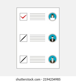 Form with candidates avatars. Ballot sheet for voting voters. Red tick marks choice. Black slanted lines indicate decision against challenger. Lines for entries between selection boxes and avatars.