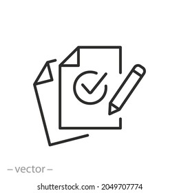 form check icon, information document, online paper work, exam, thin line web symbol on white background - editable stroke vector illustration