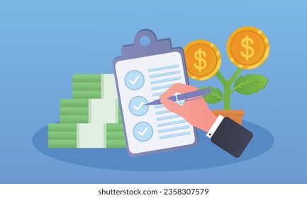 Form with Completed Items Plan implementation concept.on blue background.Vector Design Illustration.