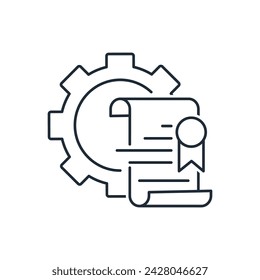 Formulario para confirmar el cumplimiento de los reglamentos técnicos por parte del producto. Tecnología certificada. Icono lineal de vector aislado sobre fondo blanco.