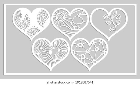 form for cutting, hearts for cutting, stencil for handmade, template for coloring, white paper on a gray background, embossing and cutting on a plotter