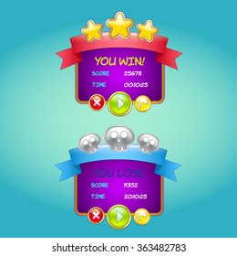 Form design game user interface (GUI) for video games for computer or smart phone. Win and lose windows. Vector illustration