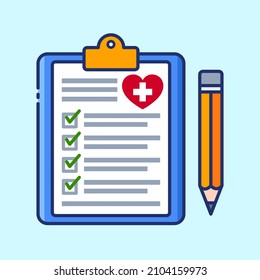 Form of doctor report. Health insurance concept. Clinical clipboard with pencil colored icon. Collection of vector illustrations on the theme of medical tools, drugs and healthcare diagnostics.