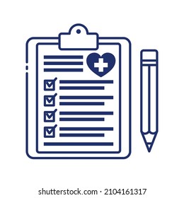 Form of doctor report. Health insurance concept. Clinical clipboard with pencil outline monochrome icon. Collection of vector illustrations on the theme of medical tools and healthcare diagnostics.