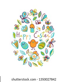 Form Easter egg with eggs, flowers, cute insects, chickens, hand drawn quote. Vector Happy Easter background in bright colors for greeting cards,  t-shirts, posters