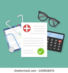 Form of health insurance. Medical equipment, money, prescription medications. Healthcare concept. Vector illustration flat design style. Life planning. Claim form.