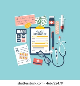 Form Of Health Insurance. Medical Equipment, Money, Prescription Medications. Healthcare Concept. Vector Illustration Flat Design Style. Life Planning. Claim Form. 