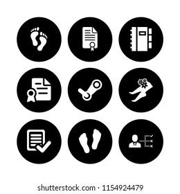 form icon. 9 form set with foot, files and folders, verified text paper and feet vector icons for web and mobile app