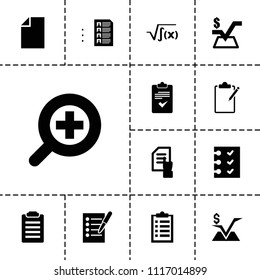 Form icon. collection of 13 form filled icons such as pointing on document, mathematical square, checklist, zoom in, check list. editable form icons for web and mobile.