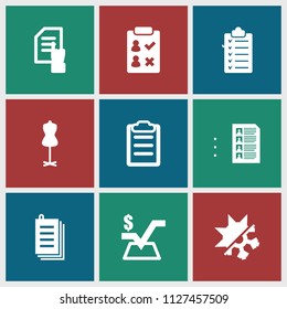 Form icon. collection of 9 form filled icons such as mannequin, pointing on document, mathematical square, paper, clipboard. editable form icons for web and mobile.