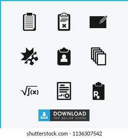 Form icon. collection of 9 form filled icons such as paper, clipboard, signed document, cold and hote mode, square root. editable form icons for web and mobile.