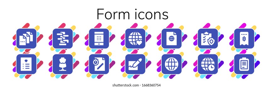 form icon set. 14 filled form icons. Included File, Wishlist, Wing chun, Mannequin, Password, Earth grid, Signature, Clipboard, Invoice, Form icons