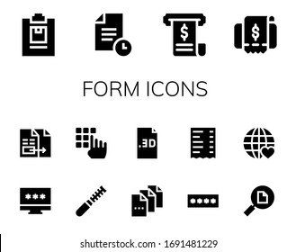 form icon set. 14 filled form icons.  Simple modern icons such as: Notepad, File, Invoice, Password, Document, Receipt, Earth grid
