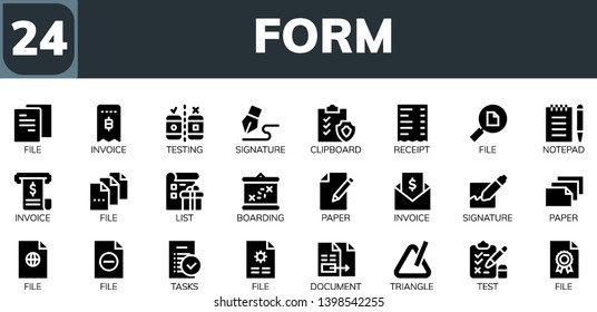 form icon set. 24 filled form icons.  Collection Of - File, Invoice, Testing, Signature, Clipboard, Receipt, Notepad, List, Boarding, Paper, Tasks, Document, Triangle, Test
