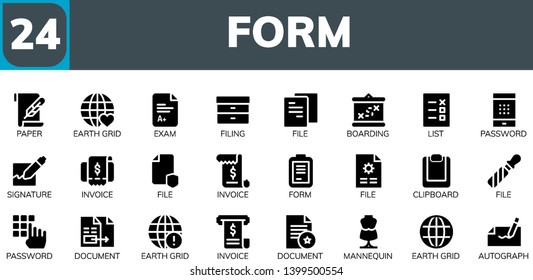 form icon set. 24 filled form icons.  Simple modern icons about  - Paper, Earth grid, Exam, Filing, File, Boarding, List, Password, Signature, Invoice, Form, Clipboard, Document