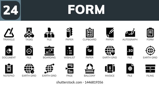 form icon set. 24 filled form icons.  Simple modern icons about  - Triangle, Tasks, File, Paper, Clipboard, Autograph, Form, Document, Boarding, Wishlist, Earth grid, Notepad
