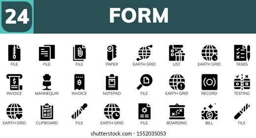 form icon set. 24 filled form icons.  Simple modern icons about  - File, Paper, Earth grid, List, Tasks, Invoice, Mannequin, Notepad, Record, Testing, Clipboard, Boarding, Bill