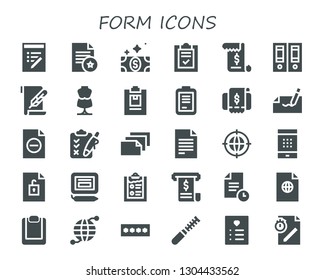 form icon set. 30 filled form icons.  Collection Of - List, Document, Bill, Invoice, Documentation, Paper, Mannequin, Notepad, Form, Autograph, File, Clipboard, Earth grid, Password