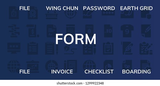  form icon set. 32 filled form icons. on blue background style Simple modern icons about  - File, Wing chun, Password, Earth grid, Invoice, Checklist, Boarding, Balcony, Exam