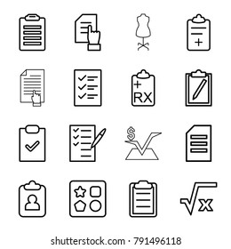 Form icons. set of 16 editable outline form icons such as from toy for beach, pointing on document, paper, square root, check list, clipboard, checklist, medical clipboard