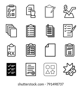 Form icons. set of 16 editable outline form icons such as checklist, pointing on document, paper, mathematical square, check list, clipboard, signed document