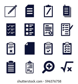 form icons set. Set of 16 form filled icons such as check list, paper, clipboard, checklist, paper and pen, signed document, zoom in