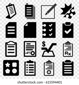 Form icons set. set of 16 form filled icons such as from toy for beach, mathematical square, clipboard, paper, medical clipboard, checklist, paper and pen, signed document