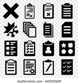 Form icons set. set of 16 form filled icons such as from toy for beach, paper, clipboard, checklist, signed document, cold and hote mode, cross