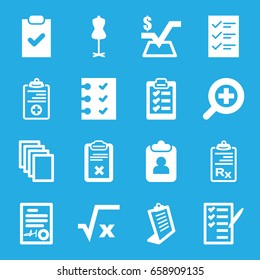 Form icons set. set of 16 form filled icons such as mannequin, paper, mathematical square, clipboard, check list, medical clipboard, checklist, signed document, zoom in