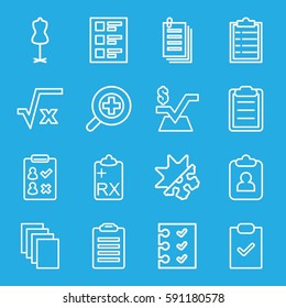 form icons set. Set of 16 form outline icons such as mannequin, paper, mathematical square, clipboard, checklist, zoom in, cold and hote mode, square root