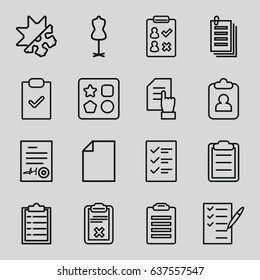 Form icons set. set of 16 form outline icons such as from toy for beach, mannequin, pointing on document, check list, paper, clipboard, signed document, cold and hote mode