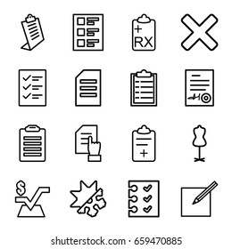 Form icons set. set of 16 form outline icons such as mannequin, pointing on document, mathematical square, clipboard, medical clipboard, checklist, paper and pen
