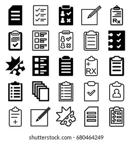 Form icons set. set of 25 form filled and outline icons such as paper, clipboard, checklist, paper and pen, cold and hote mode, medical clipboard