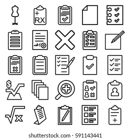 form icons set. Set of 25 form outline icons such as mannequin, paper, mathematical square, clipboard, check list, medical clipboard, checklist, paper and pen, signed document