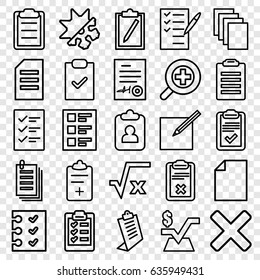 Form icons set. set of 25 form outline icons such as paper, mathematical square, clipboard, check list, medical clipboard, checklist, paper and pen, signed document, zoom in