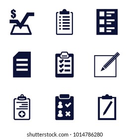 Form icons. set of 9 editable filled form icons such as mathematical square, paper, check list, clipboard, medical clipboard, checklist