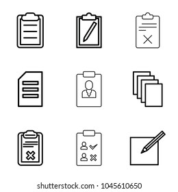 Form icons. set of 9 editable outline form icons such as paper, clipboard, paper and pen
