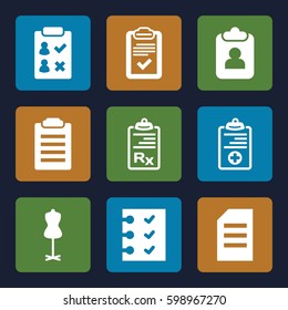 form icons set. Set of 9 form filled icons such as mannequin, clipboard, medical clipboard, checklist, paper