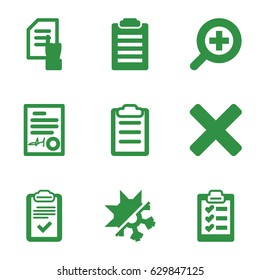 Form icons set. set of 9 form filled icons such as pointing on document, clipboard, signed document, zoom in, cold and hote mode, cross