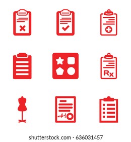 Form icons set. set of 9 form filled icons such as from toy for beach, mannequin, clipboard, medical clipboard, signed document, check list