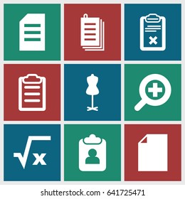 Form icons set. set of 9 form filled icons such as mannequin, paper, clipboard, zoom in